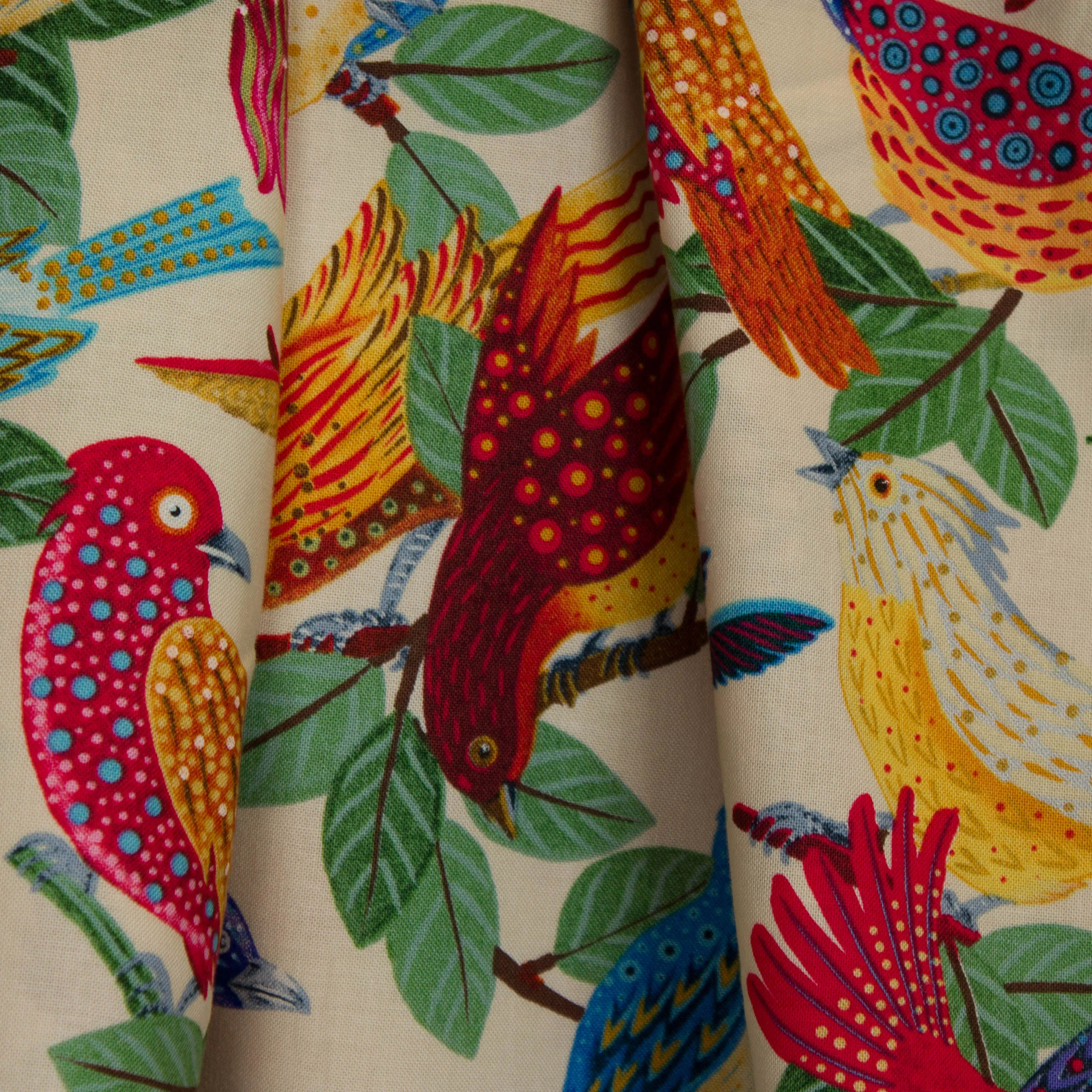 Ecru katoen met kleurrijke vogels